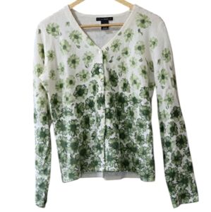 Sarah Spencer Green and Cream Cardigan with Botanical Floral Print NWT LG
